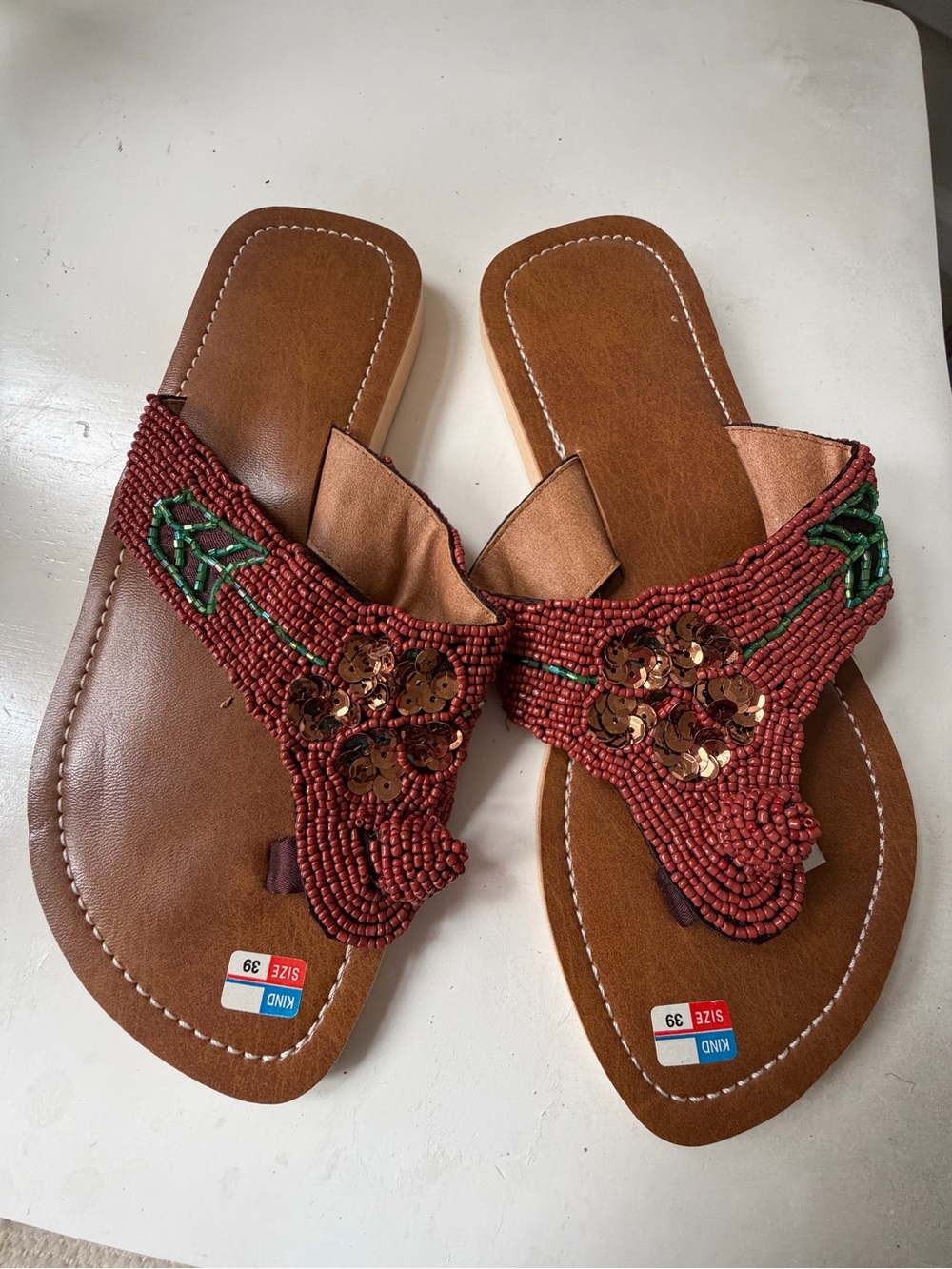 Beaded Red Slide Sandals with Brown Footbed